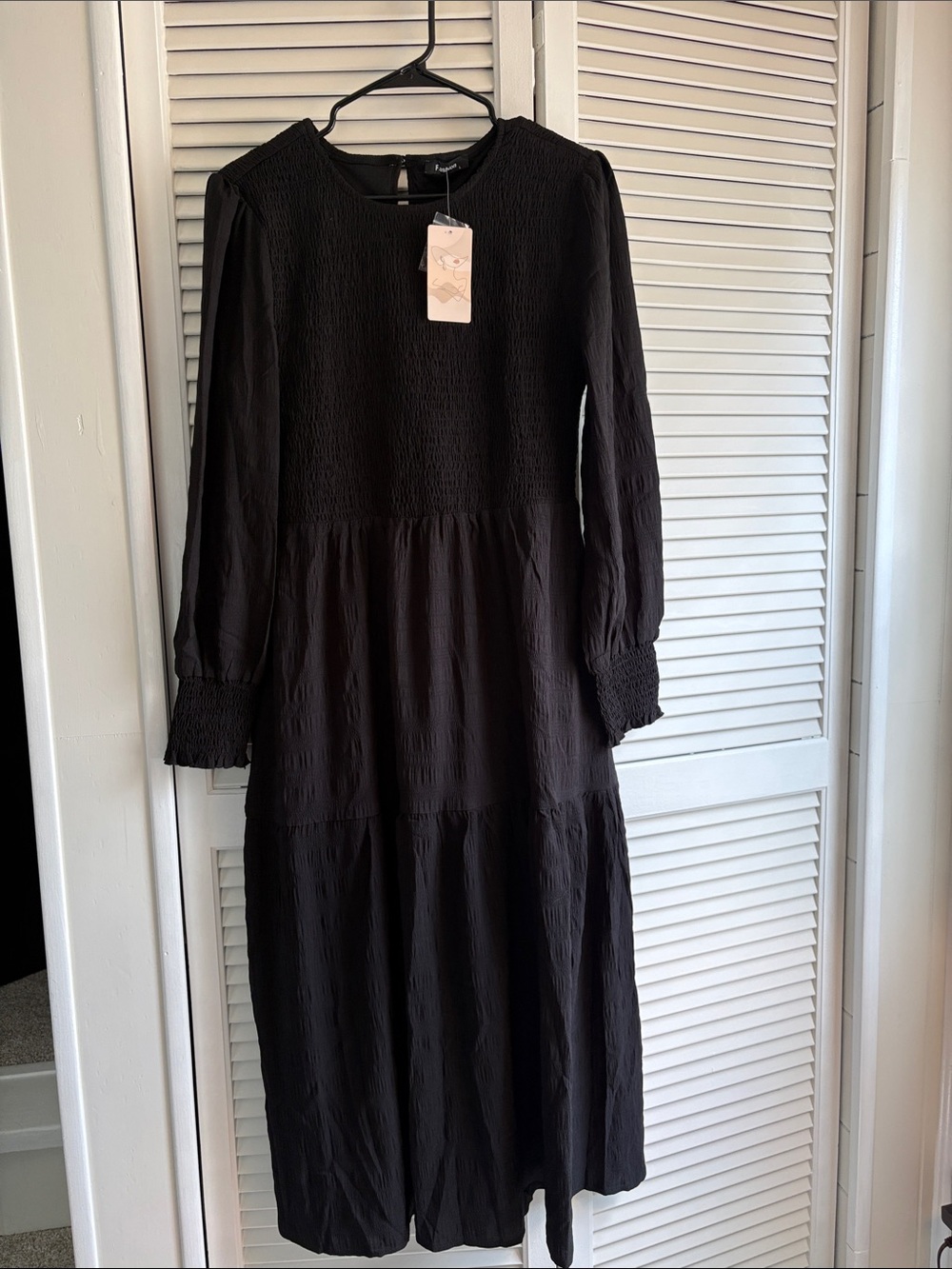 Black Long Sleeve Smocked Midi Dress NWT